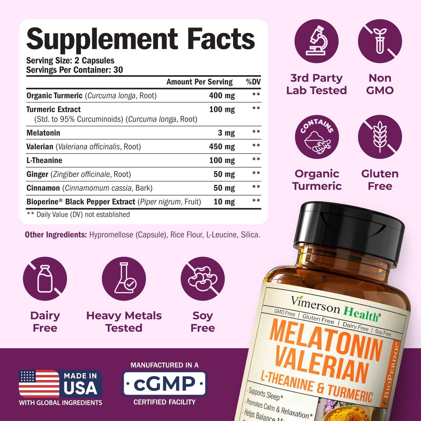 Melatonin Sleep Aid with L-Theanine, Valerian & Turmeric • 60 Capsules