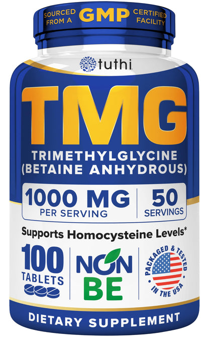 Tuthi TMG Supplement – 1000mg Trimethylglycine – Betaine Amino Acid for Cardiovascular Support and Healthy Homocysteine Levels – 100 Vegan Tablets – Gluten-Free, Non-GMO – Made in USA