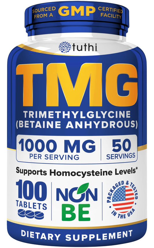 Tuthi TMG Supplement – 1000mg Trimethylglycine – Betaine Amino Acid for Cardiovascular Support and Healthy Homocysteine Levels – 100 Vegan Tablets – Gluten-Free, Non-GMO – Made in USA
