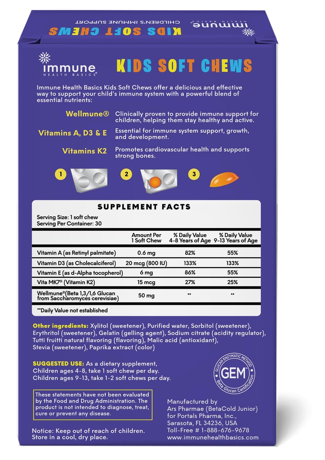 Immune Health Basics Kids Soft Chews with Wellmune® | Natural Beta Glucan Supplement for Immune Support & Daily Wellness | Allergen-Free & No Added Sugar | Tutti-Frutti Flavor, 30 Soft Chews