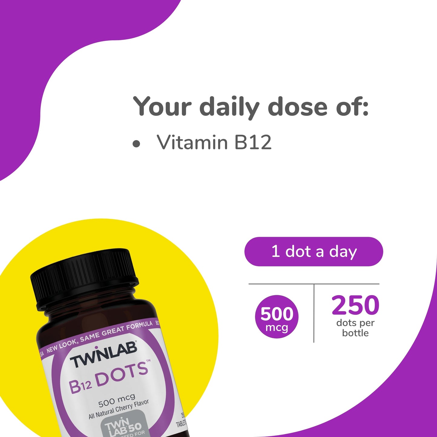 Twinlab B-12 Dots – 500 mcg Vitamin B12, Energy Production Support, 250 Dots (2 Pack)