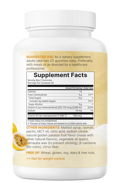 Vitamin D3 K2 Gummies 5,000 IU D3 + 100 mcg MK-7 | 120 Count | Sugar Free Golden Passion Fruit