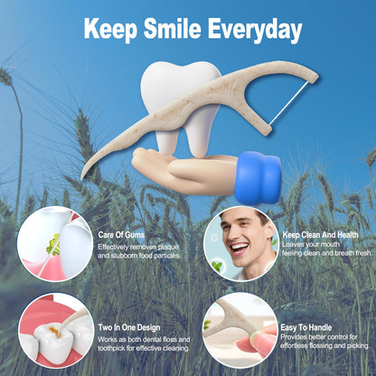 Wheat Straw Biodegradable Dental Floss Picks - 200 Count with 4 Travel Cases | Eco-Friendly Oral Care