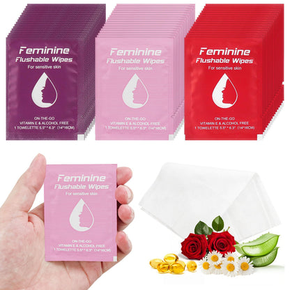 Twoworld Feminine Wipes – 60-Count Travel Pack with Chamomile, Rose, and Unscented, Flushable & Individually Wrapped