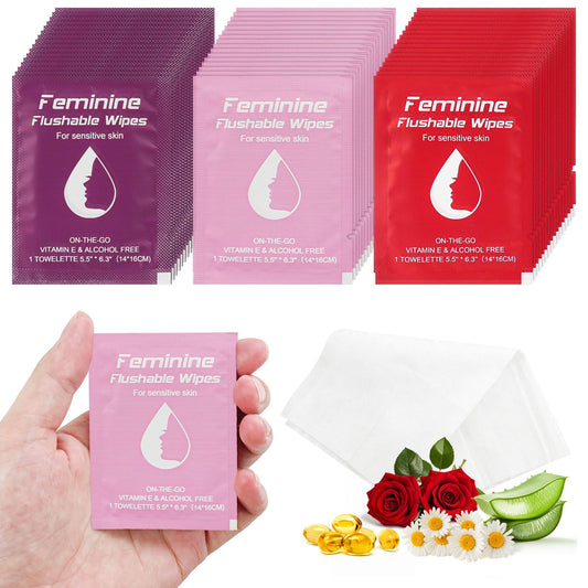 Twoworld Feminine Wipes – 60-Count Travel Pack with Chamomile, Rose, and Unscented, Flushable & Individually Wrapped