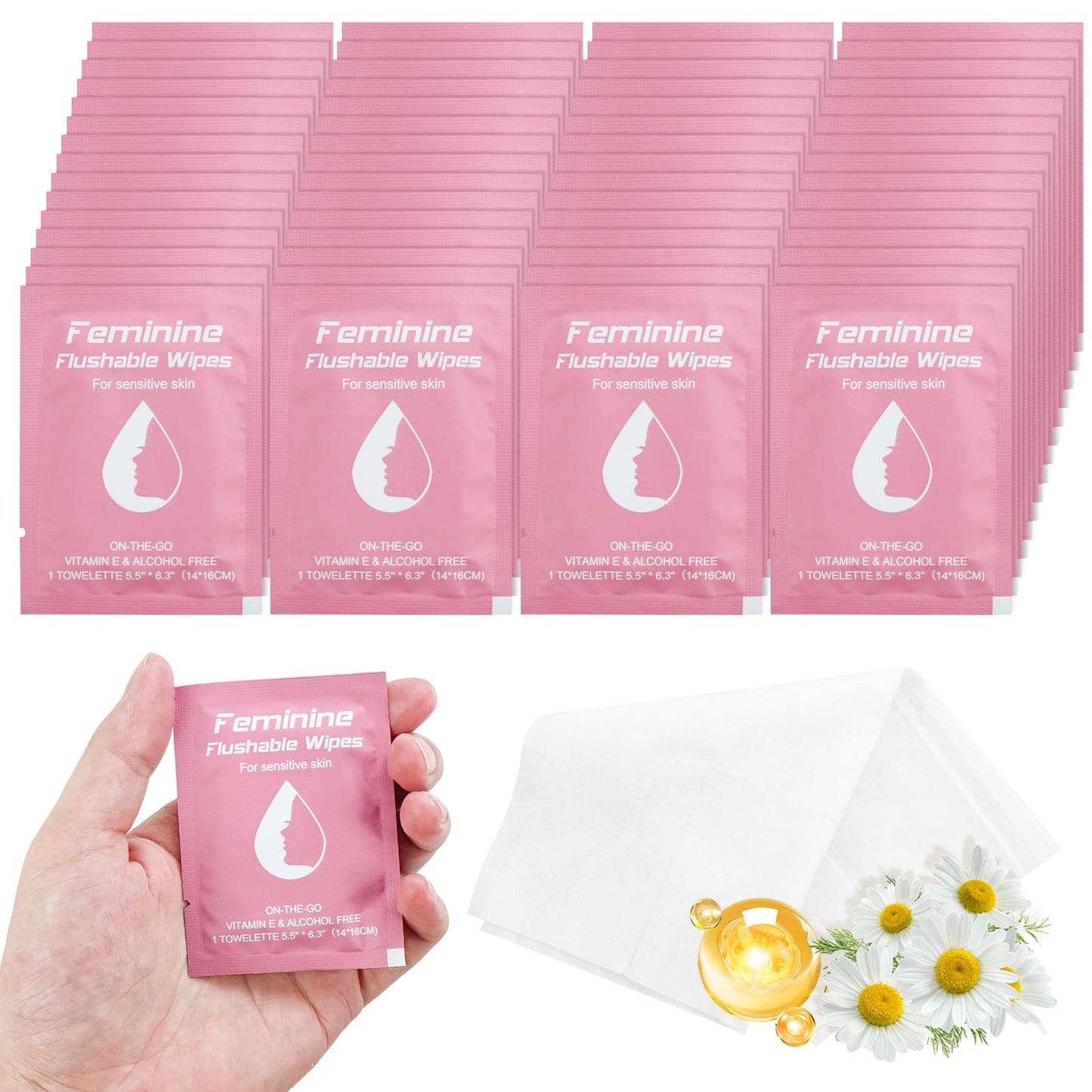 Twoworld 50 Feminine Wipes - Flushable Travel Wipes for Women, On-the-Go Personal Care
