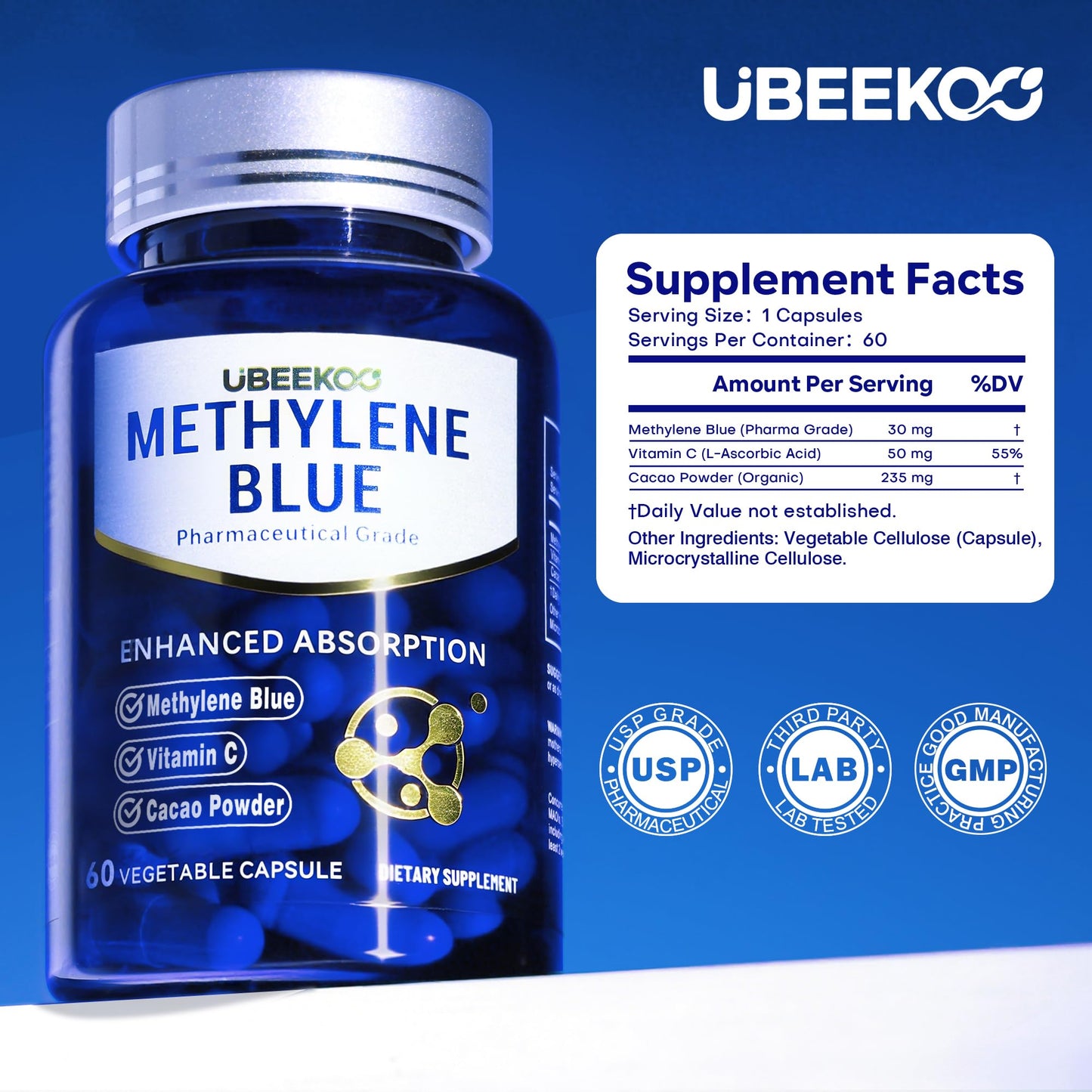UBEEKOO 30mg Methylene Blue Capsules – Vitamin C & Organic Cacao, 60 Vegan