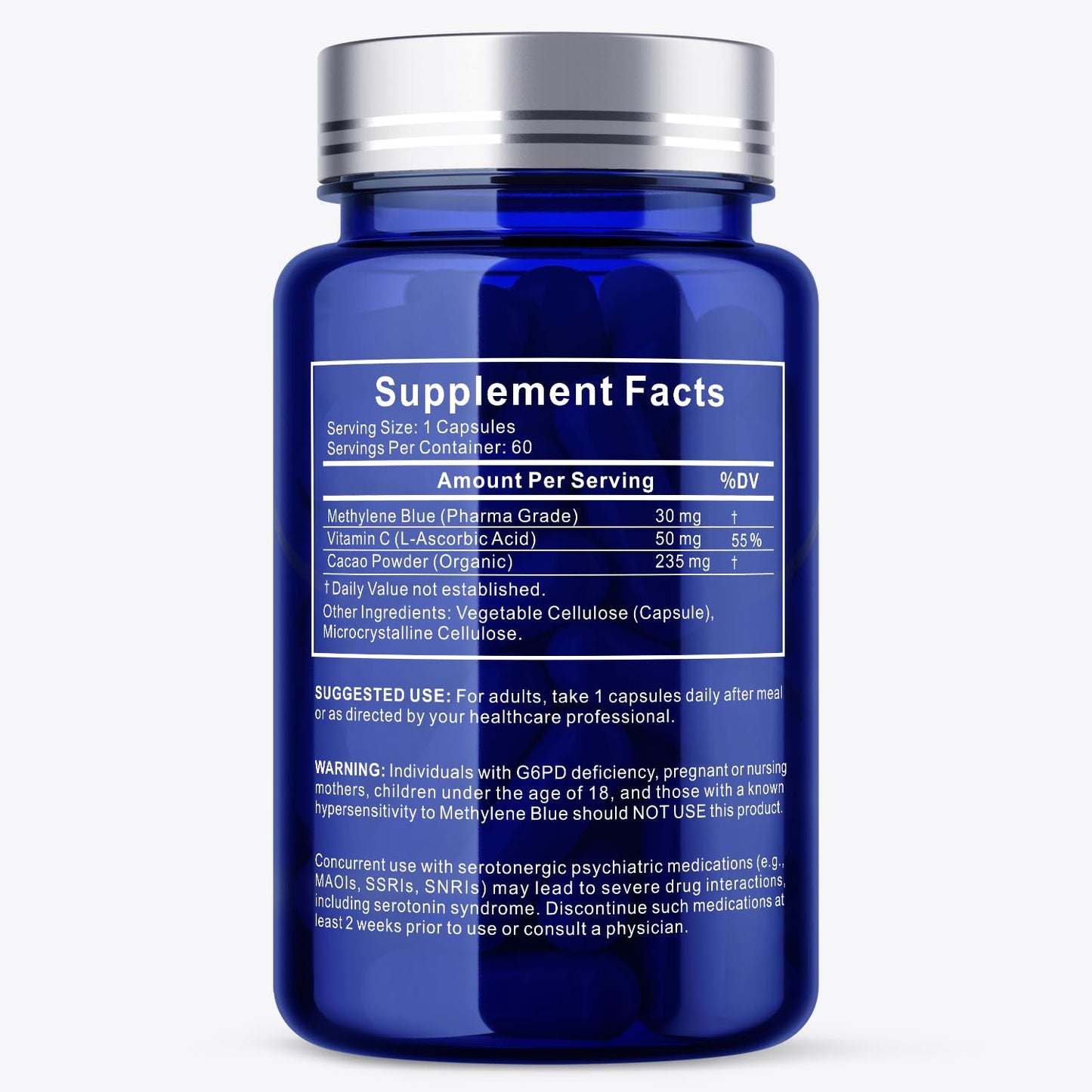 UBEEKOO 30mg Methylene Blue Capsules – Vitamin C & Organic Cacao, 60 Vegan
