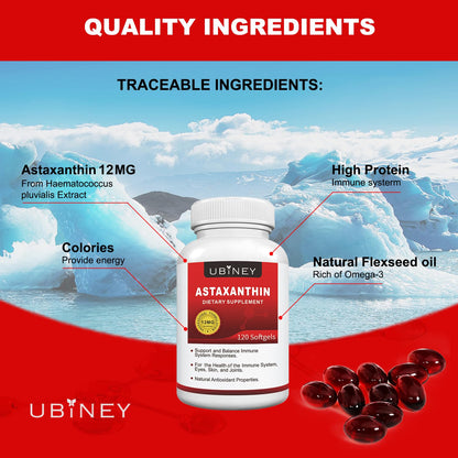 Ubiney Premium Astaxanthin Supplements 12mg – Softgels, 120 Servings – Supports Immune, Skin, Eye & Joint Health – Non-GMO, Gluten-Free, Microalgae Extract