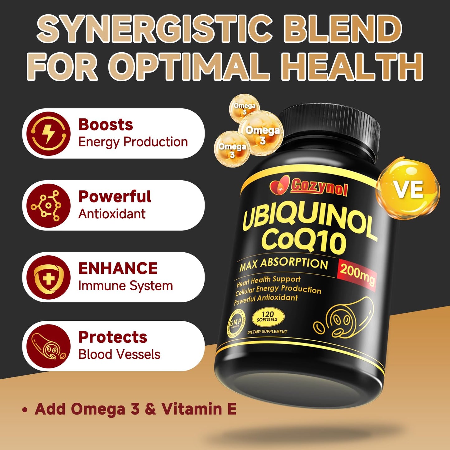 Ubiquinol CoQ10 200mg Softgels with Vitamin E & Omega-3 | 120 Count