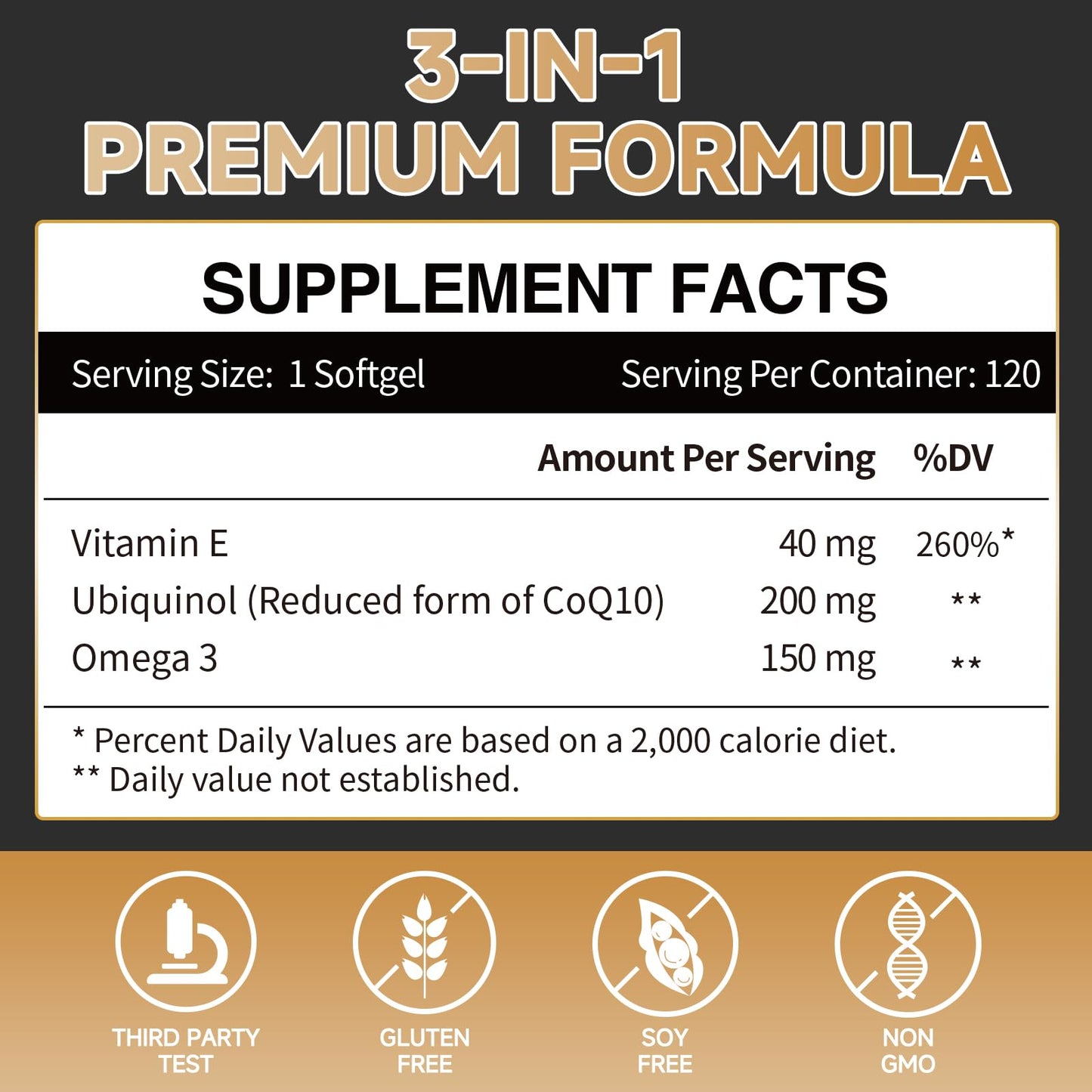 Ubiquinol CoQ10 200mg Softgels with Vitamin E & Omega-3 | 120 Count