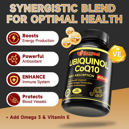 Ubiquinol CoQ10 400mg Softgels with Vitamin E & Omega-3, Max-Absorption, 120 Count, Non-GMO