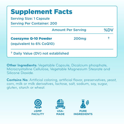 Quick Absorption CoQ10 200mg - Coenzyme Q10 200mg Potent Antioxidant for Heart Energy and Aging Support - High Stability CoQ10 Ubiquinone Capsules - Made in a cGMP US Lab (200 Servings)