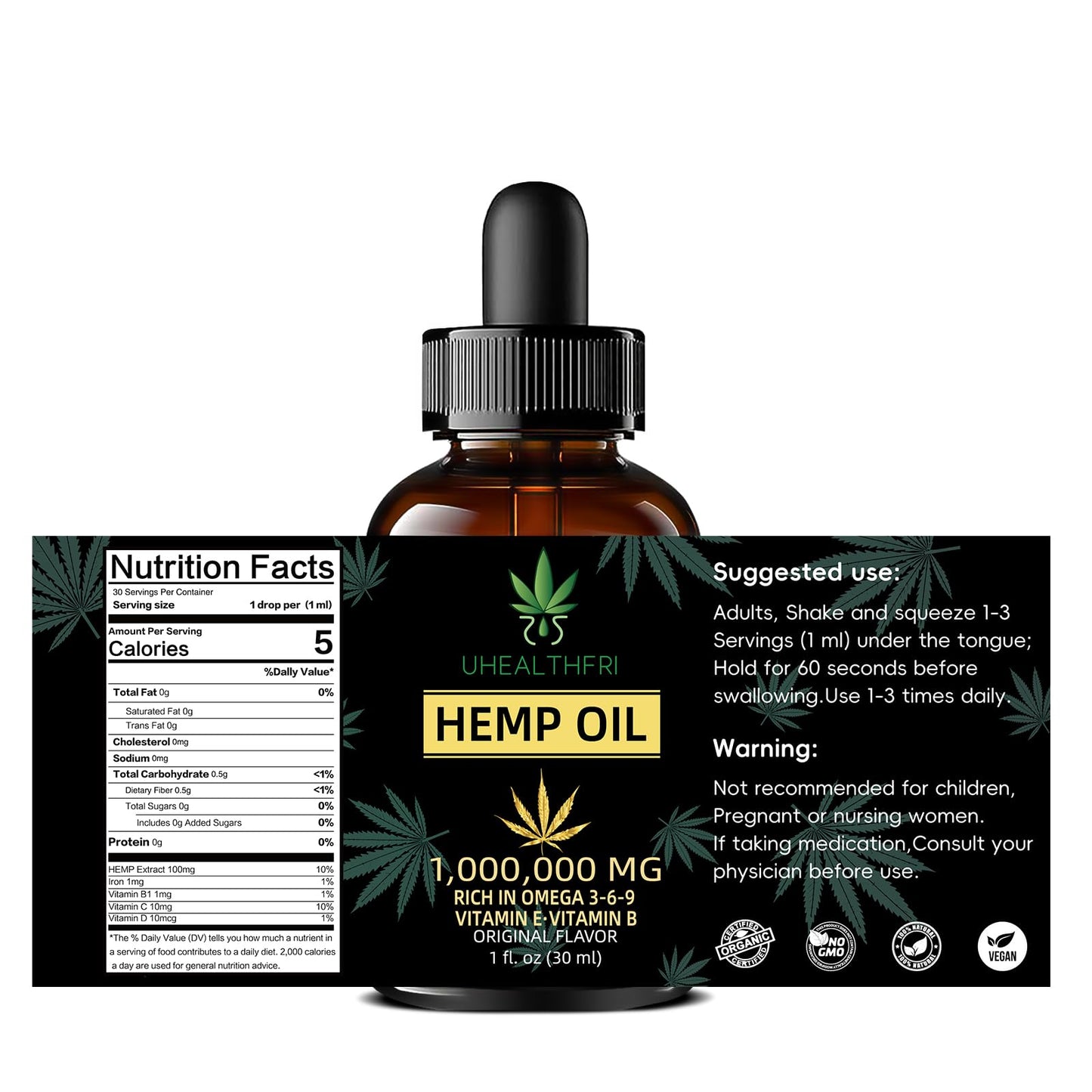 Uhealthfri Hemp Oil - Pure Organic Hemp Seed Oil Drops (Non-GMO, Vegan) Omega 3, 6, 9 - 4 Pack