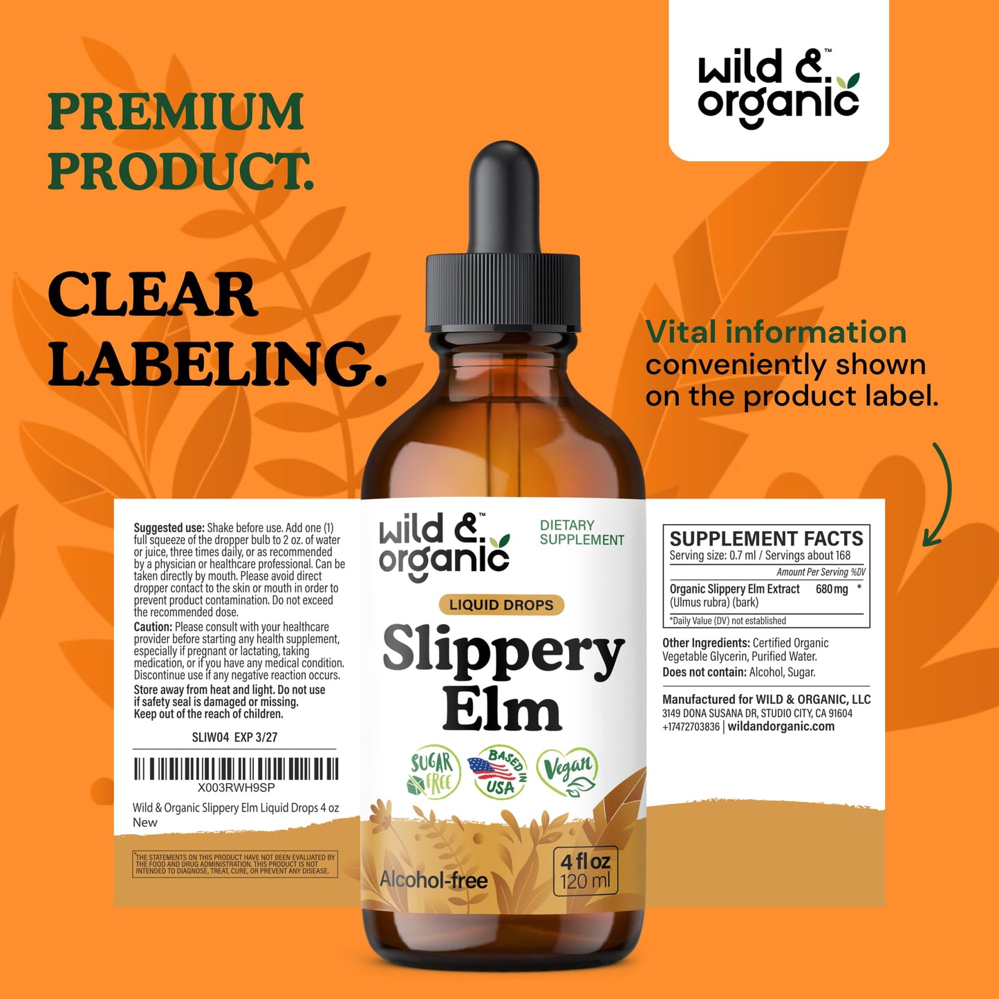 Wild & Organic Slippery Elm Liquid Drops - Lung, Digestive & Women's Support - Slippery Elm Bark Extract Tincture - Ulmus Rubra Supplement - Vegan, Sugar & Alcohol-Free - 4 fl oz