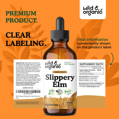 Wild & Organic Slippery Elm Liquid Drops - Lung, Digestive & Women's Support - Slippery Elm Bark Extract Tincture - Ulmus Rubra Supplement - Vegan, Sugar & Alcohol-Free - 4 fl oz