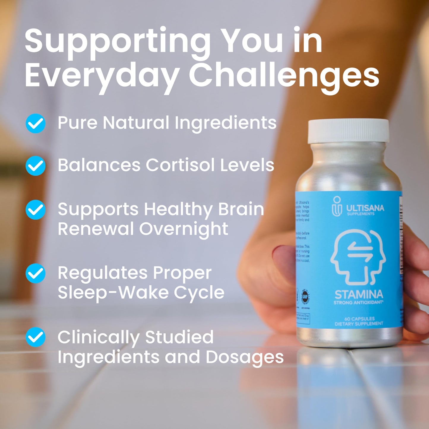Ultisana Stamina Antioxidant & Stress Relief Supplement | for Enhanced Mood, Boost Energy, Immune & Sleep Support | Vitamin B12 & B6, Ashwagandha, Turmeric, 5-HTP & More | Non-GMO, 60 Capsules