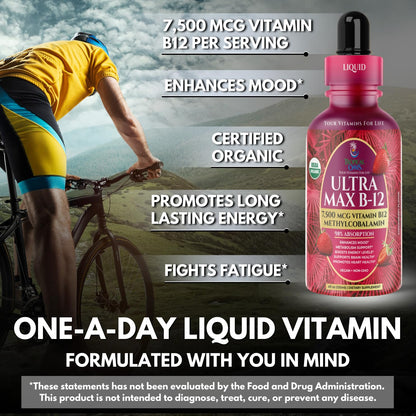 USDA Organic Ultra Max B12 - 7500mcg Methylcobalamin Drops | Vegan Strawberry 4oz