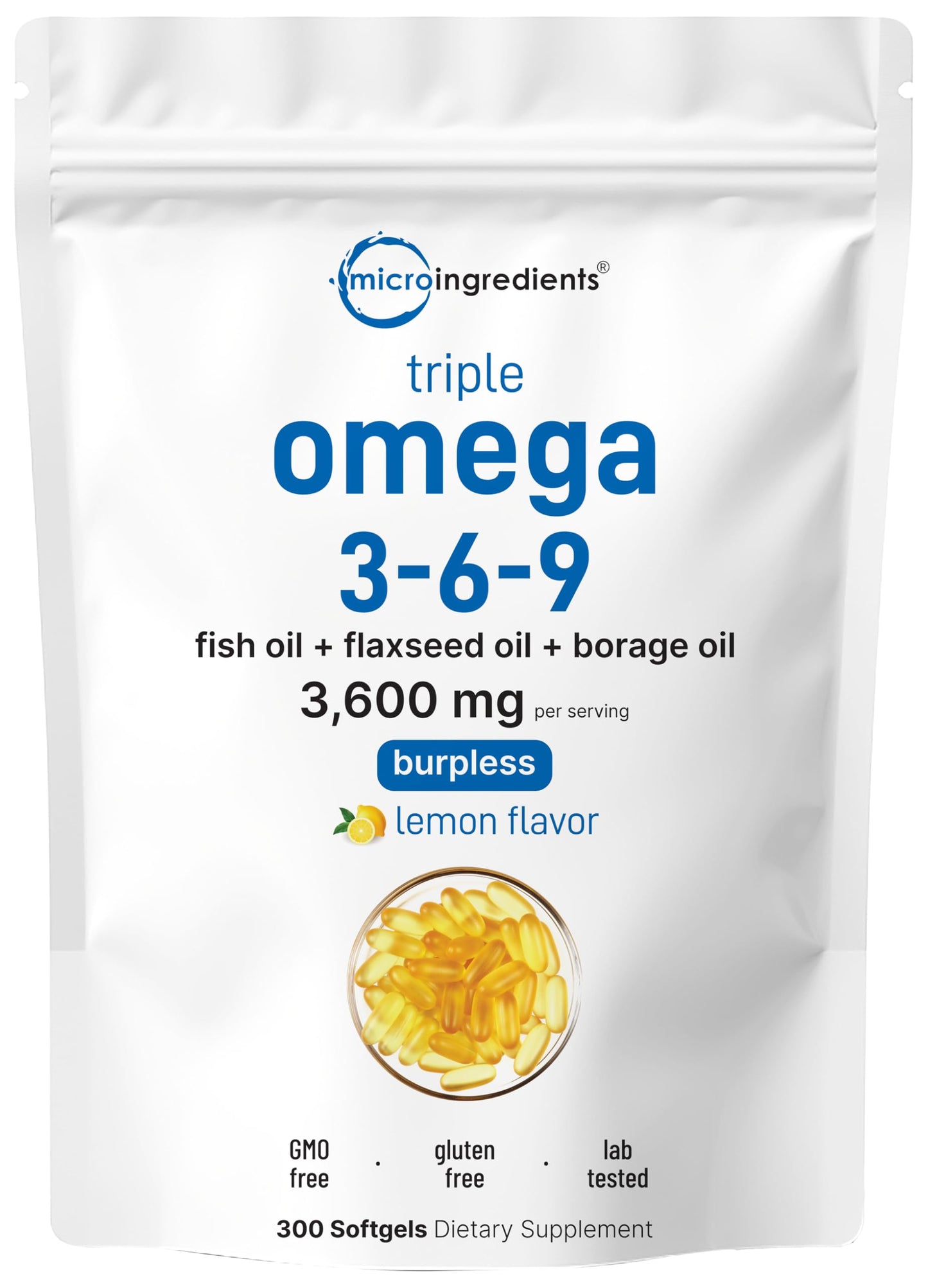 Ultra Omega 3-6-9 3600mg - 300 Burpless Softgels, Lemon | Non-GMO