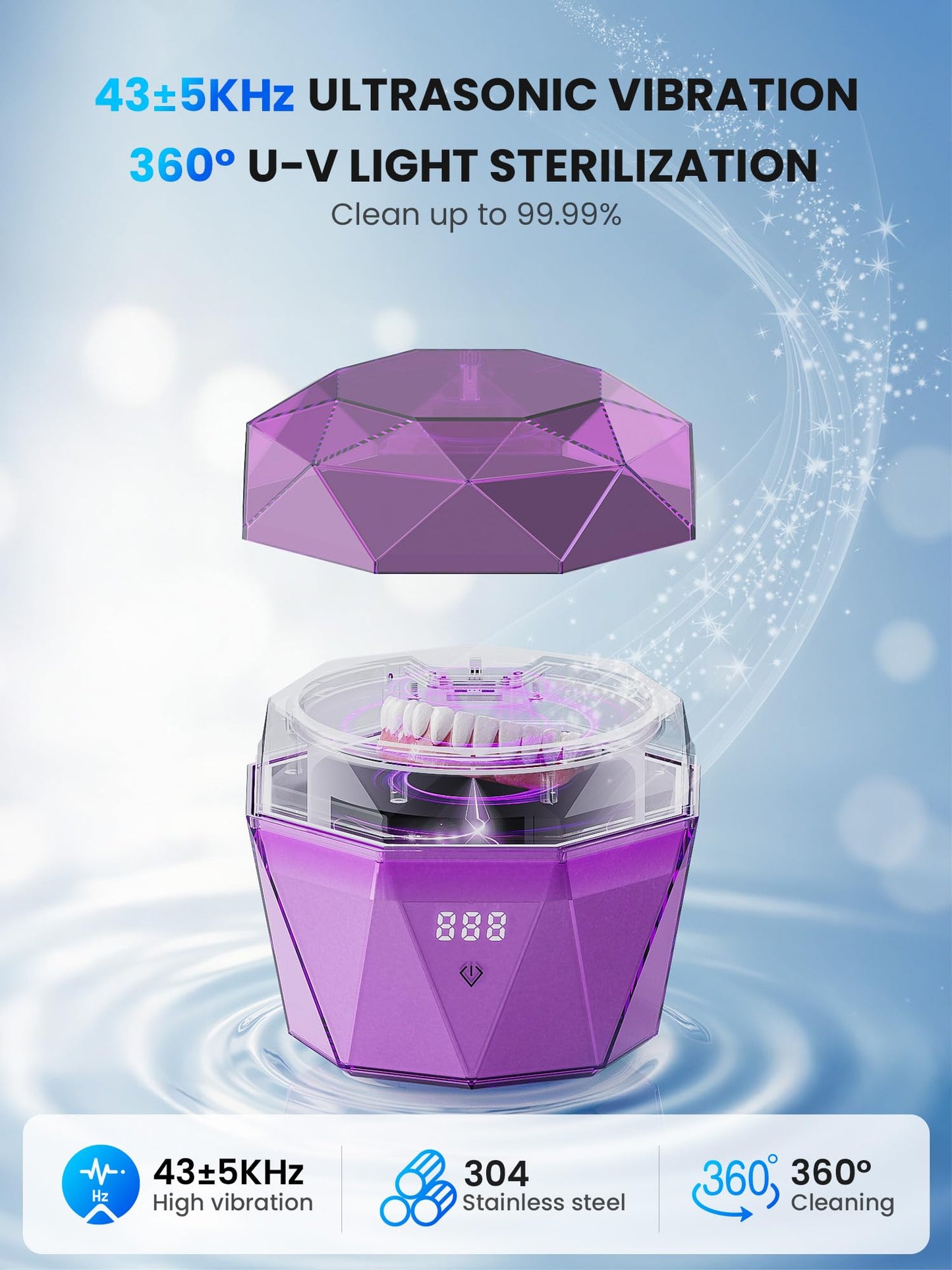 Rechargeable Ultrasonic Retainer Cleaner – 43KHz, 2x2000mAh, UV Light