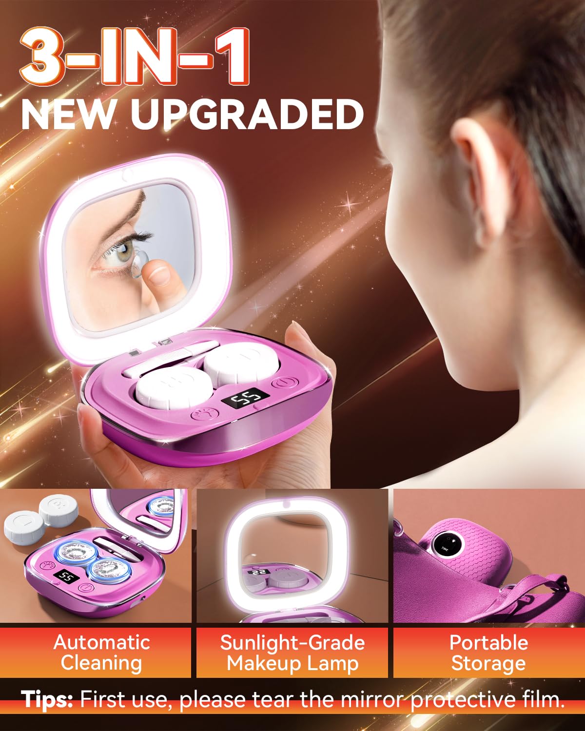 2025 Ultrasonic Contact Lens Cleaner – 50KHz German Motor, 3 Smart Modes, Portable (Purple)