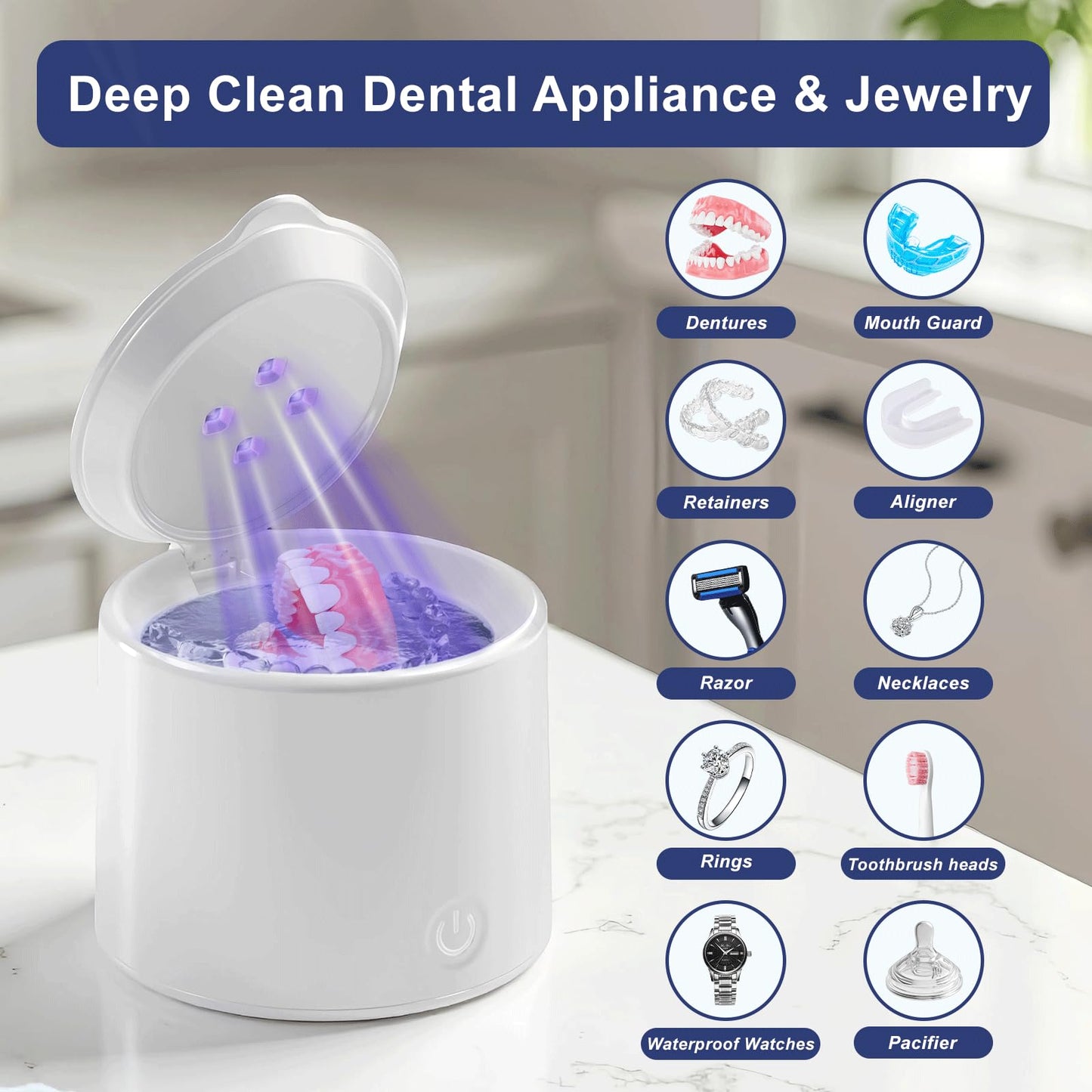 Ultrasonic Retainer Cleaner 48kHz - 3 Modes, Jewelry & Denture Cleaning (White)