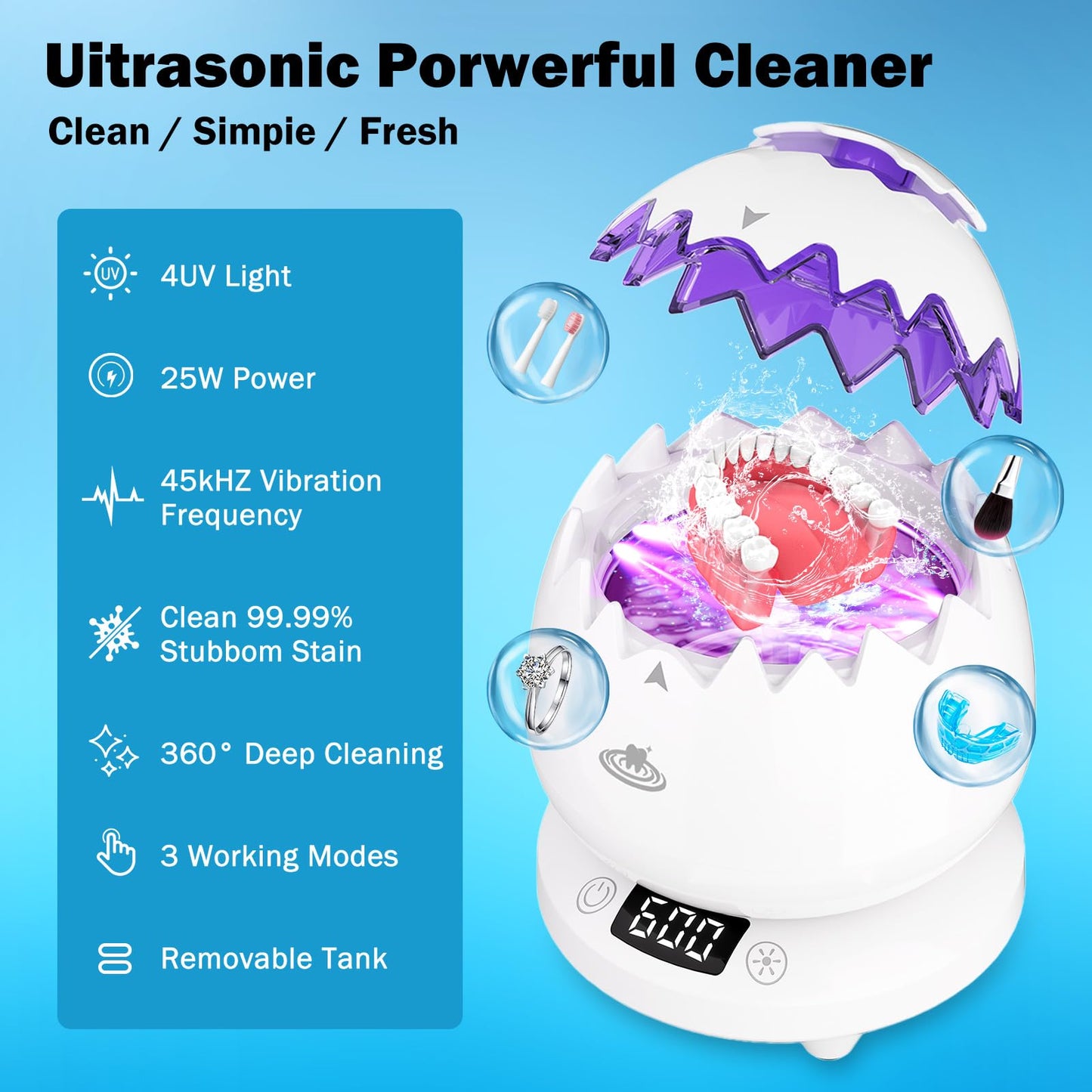 Ultrasonic Retainer Cleaner 45kHz – 25W, IPX7, 3 Modes
