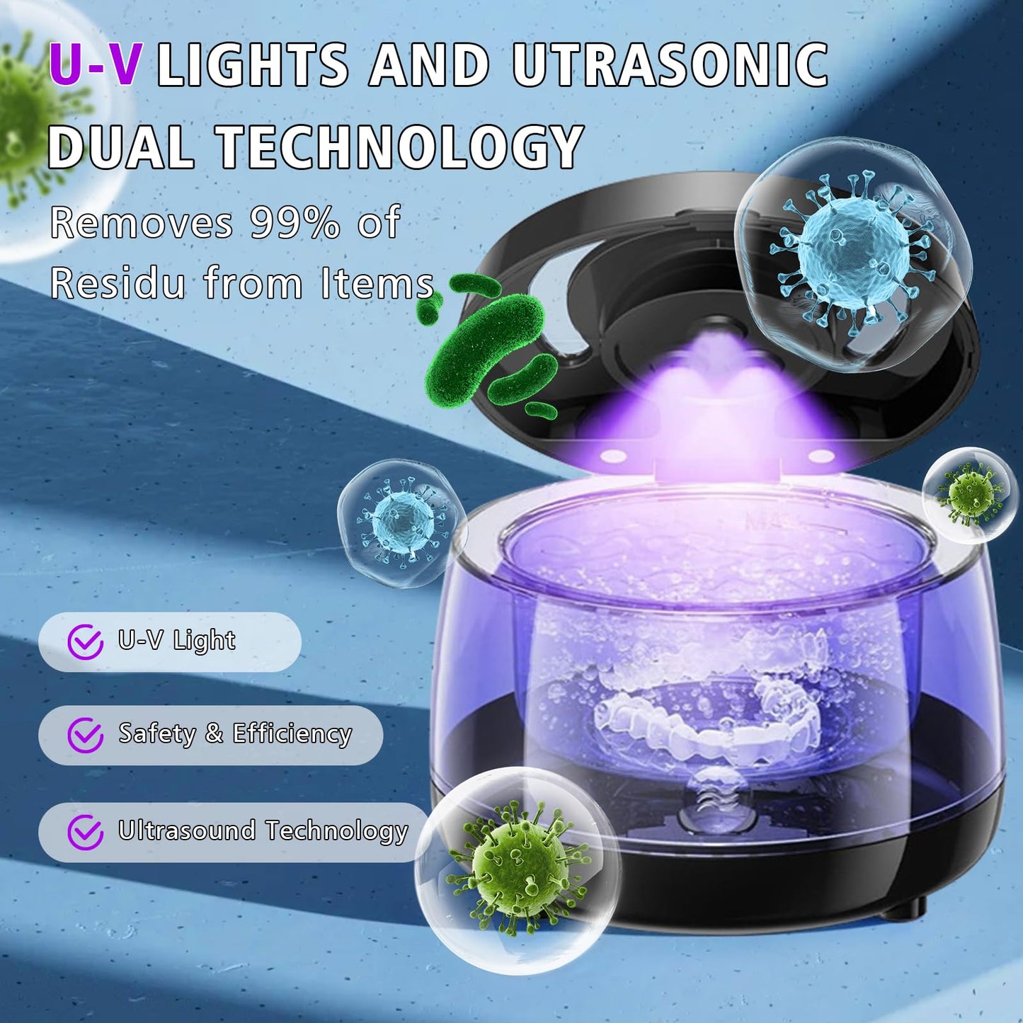 Ultrasonic Retainer Cleaner 43kHz – Denture, Jewelry & Glasses Cleaning