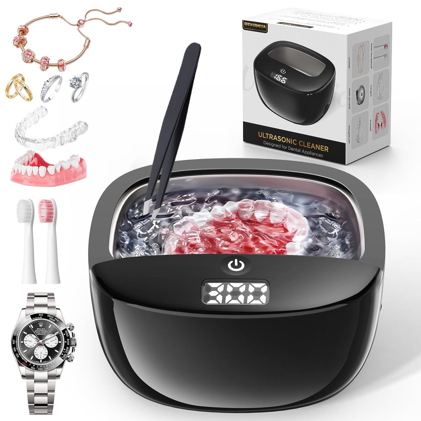 Ultrasonic Retainer Cleaner 45kHz – Dentures, Aligners & Jewelry