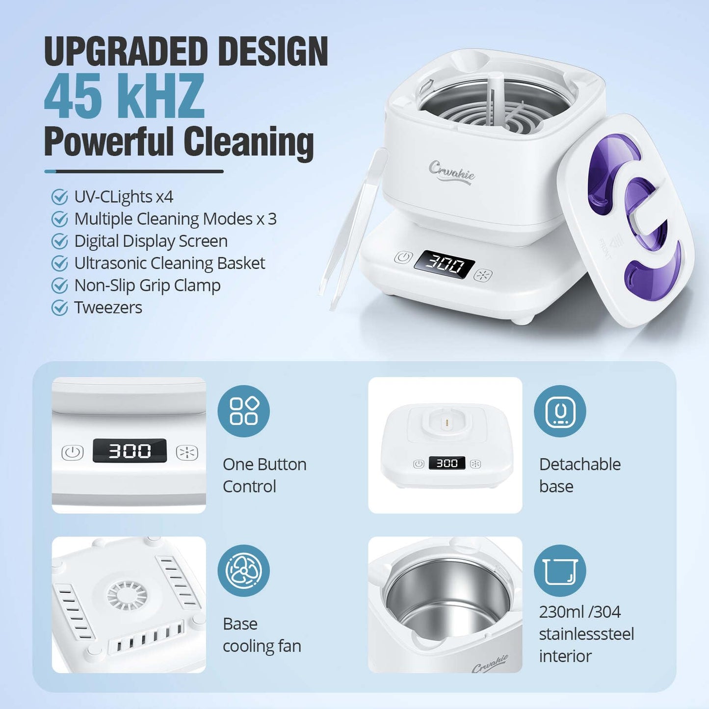Ultrasonic Retainer Cleaner - Detachable 45kHz, 3 Modes, White