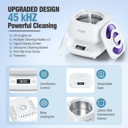 Ultrasonic Retainer Cleaner - Detachable 45kHz, 3 Modes, White