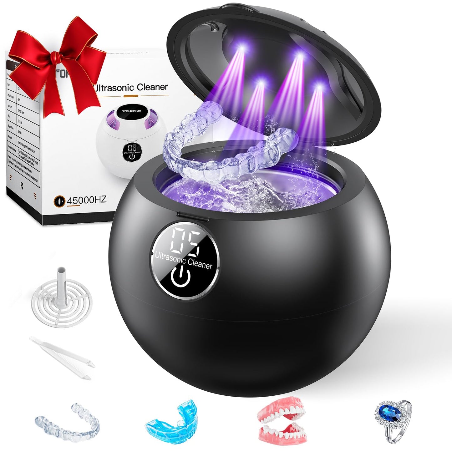 Ultrasonic Retainer Cleaner Machine - 45kHz, 200ml Pod, 3 Modes, Black