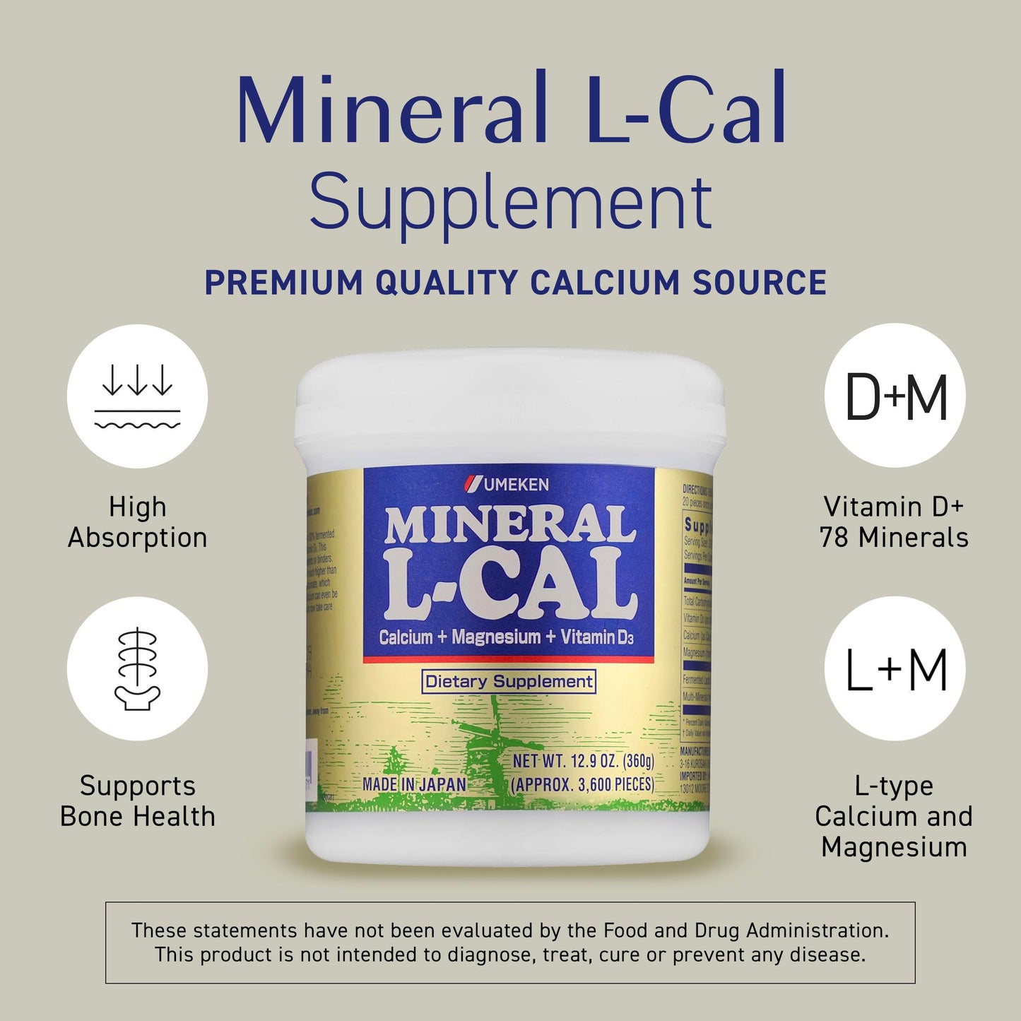 Umeken Mineral L-Calcium D3 360g, 3,600 Balls, 6-Month Supply