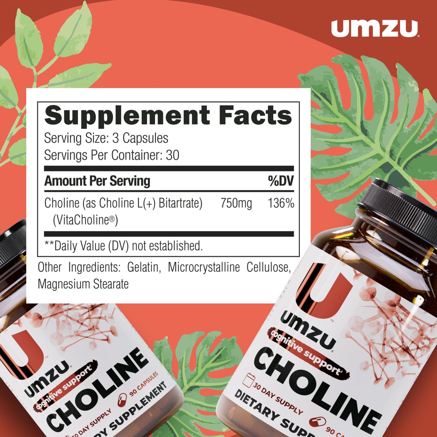 UMZU Choline Supplement | Cognitive & Hormonal Support | 30 Day Supply | 90 Capsules