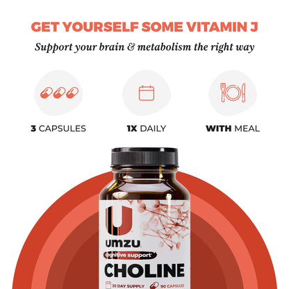 UMZU Choline Supplement | Cognitive & Hormonal Support | 30 Day Supply | 90 Capsules