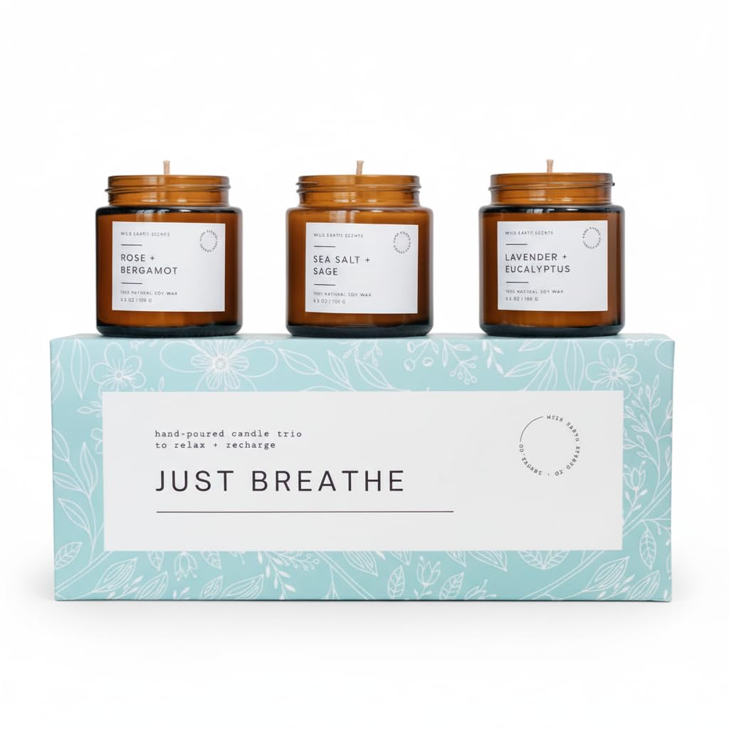 Unboxme Gifts 3-Pack Aromatherapy Scented Candles – Hand-Poured Soy Wax in Reusable Glass Jars | Just Breathe Set