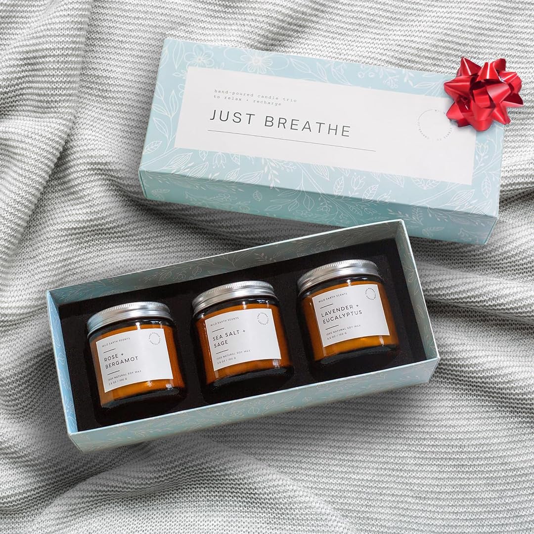 Unboxme Gifts 3-Pack Aromatherapy Scented Candles – Hand-Poured Soy Wax in Reusable Glass Jars | Just Breathe Set