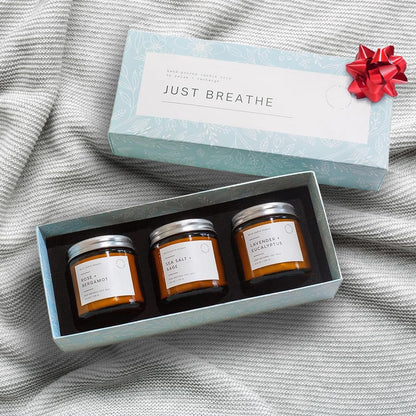 Unboxme Gifts 3-Pack Aromatherapy Scented Candles – Hand-Poured Soy Wax in Reusable Glass Jars | Just Breathe Set