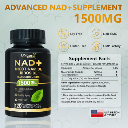 UNcena NAD Supplement 1500mg – Liposomal NR with Resveratrol | Support Cellular Health & Healthy Aging (Pack of 2)