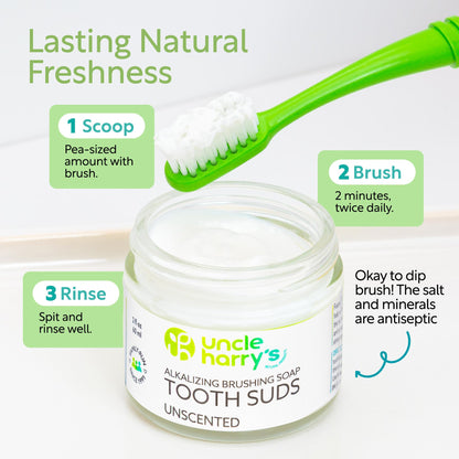 Uncle Harry's Non-Abrasive Unscented Brushing Soap Tooth Suds | Vegan Fluoride Free Toothpaste (2 oz)