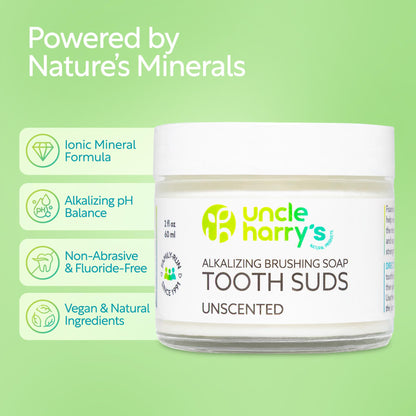 Uncle Harry's Non-Abrasive Unscented Brushing Soap Tooth Suds | Natural Remineralizing Toothpaste (Vegan, Fluoride-Free) 2 oz Pack of 2