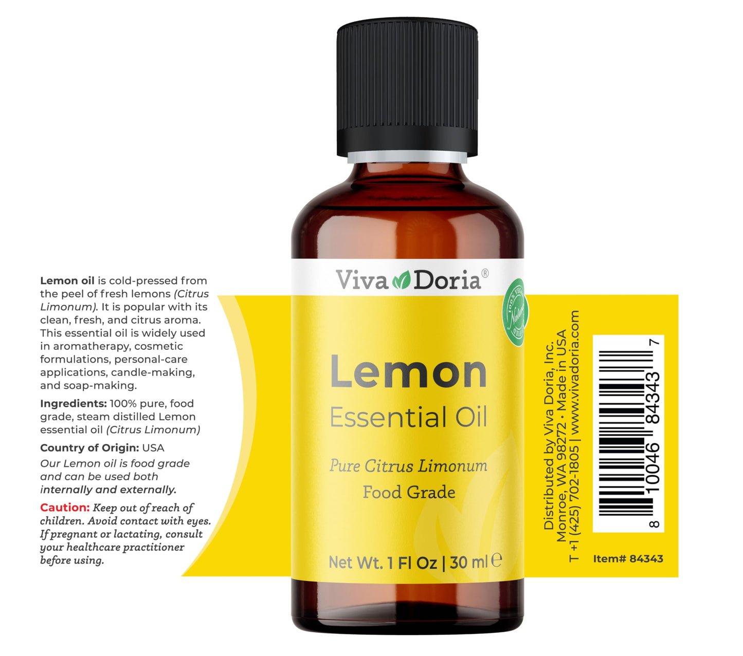 Viva Doria Lemon Essential Oil – 100% Pure, Undiluted, USA 30 mL