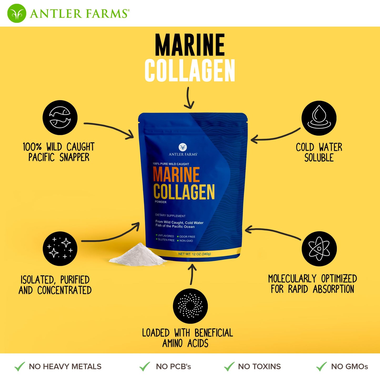 Antler Farms Marine Collagen Powder – 100% Pure, Wild-Caught Pacific Snapper, 12 oz