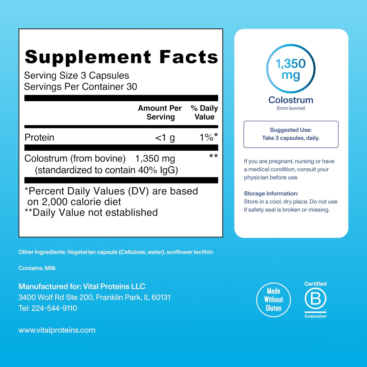 Vital Proteins Bovine Colostrum Capsules - Unflavored, 90 Count | 40% IgG for Gut & Immune Support
