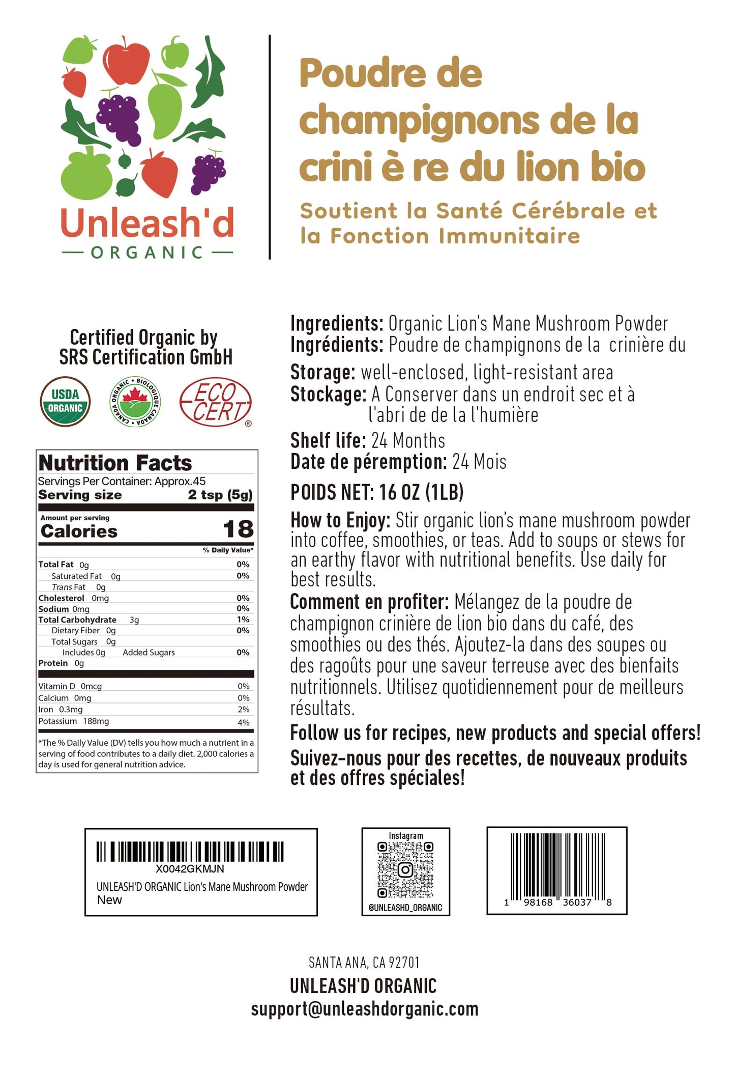 UNLEASH'D ORGANIC Lion's Mane Mushroom Powder 16 oz – Pure, Natural Antioxidant & Polysaccharide-Rich Superfood