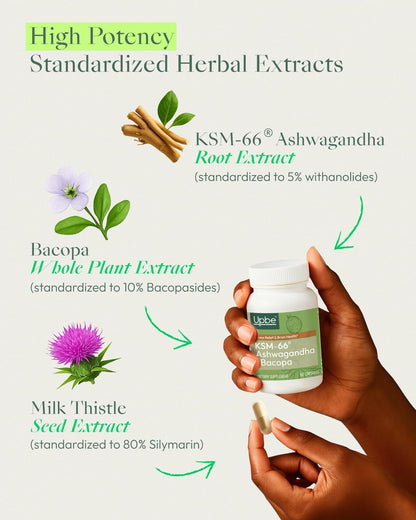 Upbe Ashwagandha for Women & Men – KSM-66®, Bacopa & Milk Thistle, 60 Vegan Capsules