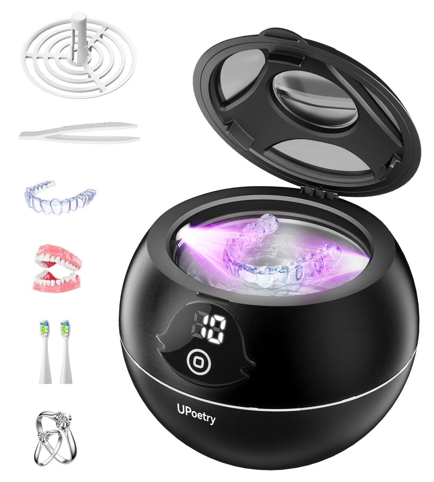 UPoetry Ultrasonic Retainer Cleaner – 45kHz, 4 Modes, 200ml, Black