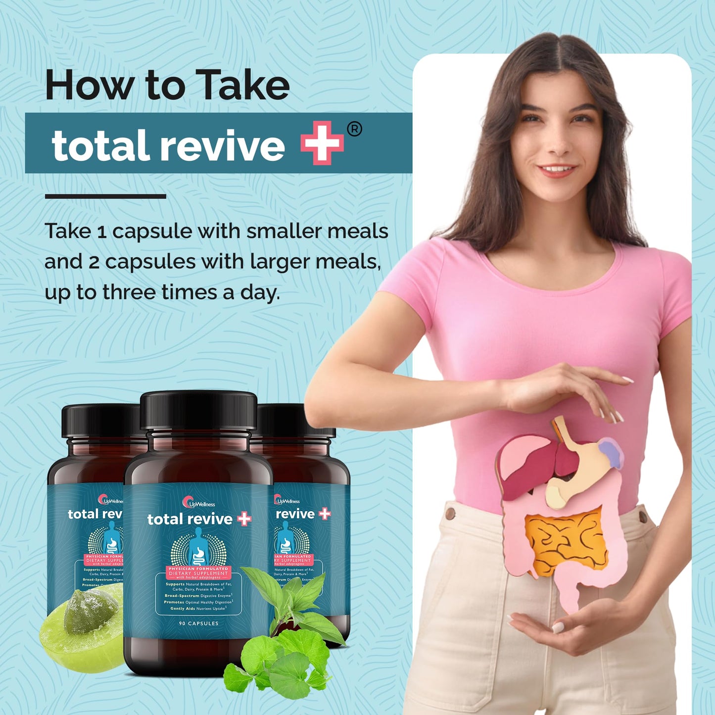 UpWellness Total Revive+ Digestive Enzymes | Broad-Spectrum Digestive Health | 90 Capsules