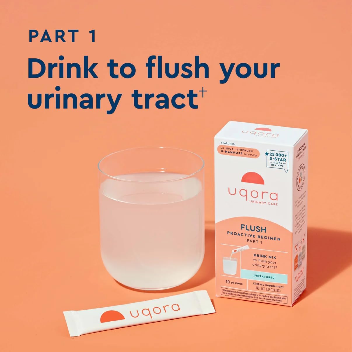 Uqora Flush - Urinary Tract Support Drink Mix with D-Mannose, Vitamin C, B6 & Minerals (10 Pack) - Gluten-Free & Vegan - Unflavored