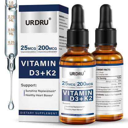 URDRU (2 Pack) Vitamin D3 K2 Liquid Drops – 2 Fl Oz | 1,000 IU D3 & 200 mcg K2 for Immune & Bone Health